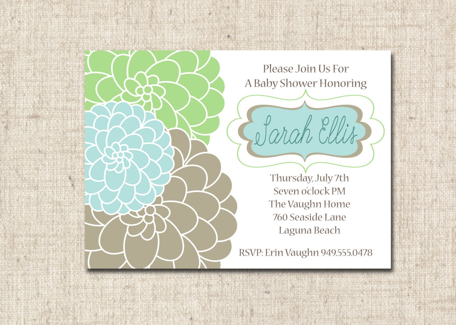 Bridal Shower Invitation or Baby Shower- Navy and coral mums, navy blue, dusty blue, beige
