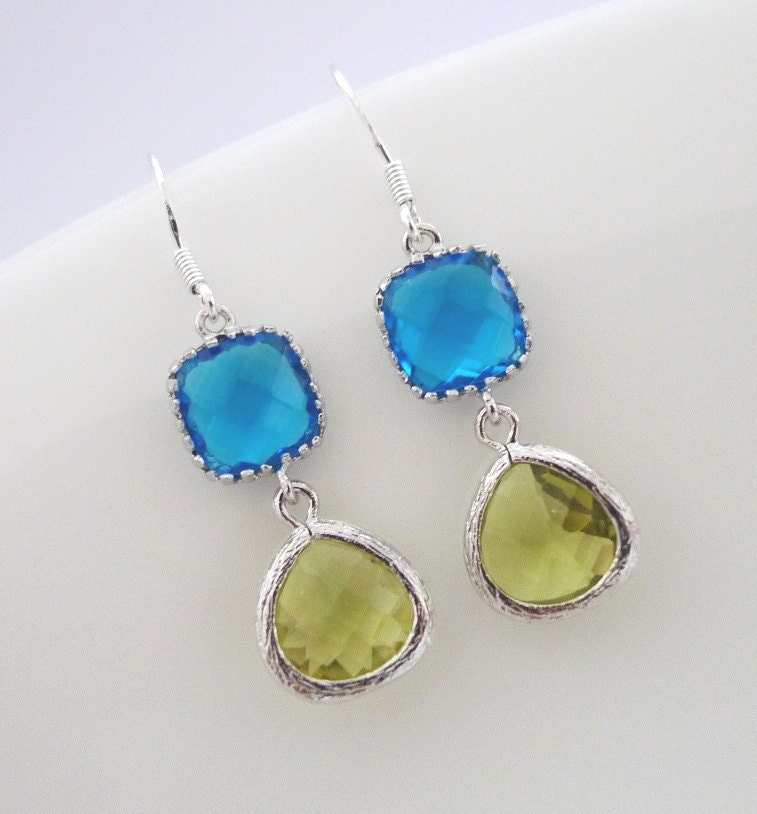 Blue Bridesmaids Earrings - Capri Blue Apple Green Czech Glass Framed Stones - Sterling Silver Ear Wires