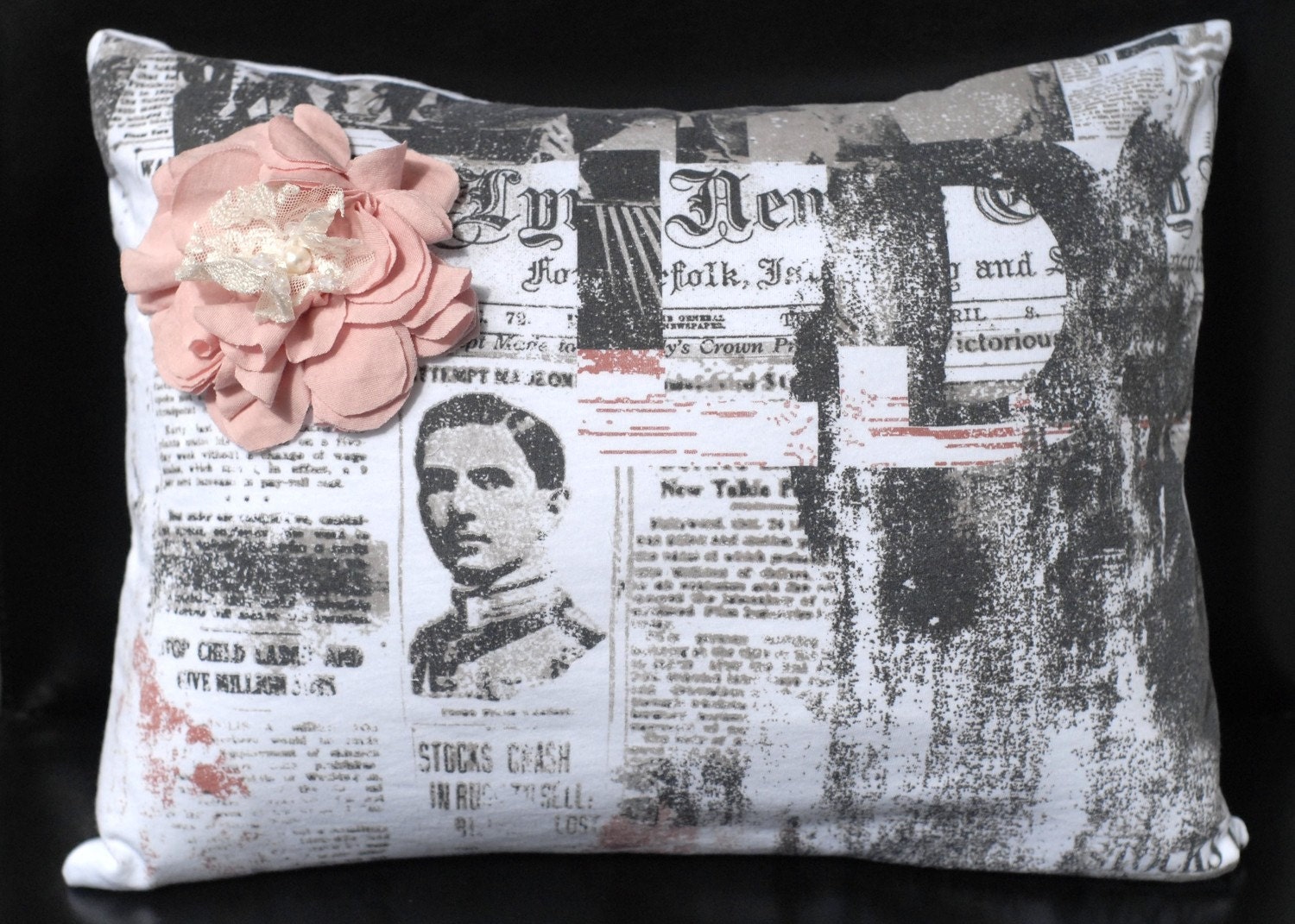 Newsprint Designed Decorative Pillow Case - 12" x 16" - Jersey Newsprint Knit with fabric flower embellishment