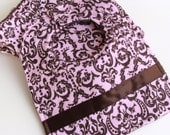 Baby Girl Bib & Burp Cloth Set - Pink and Chocolate Brown Damask - Chocolate Satin Ribbon - Absorbent Flannel / Terrycloth
