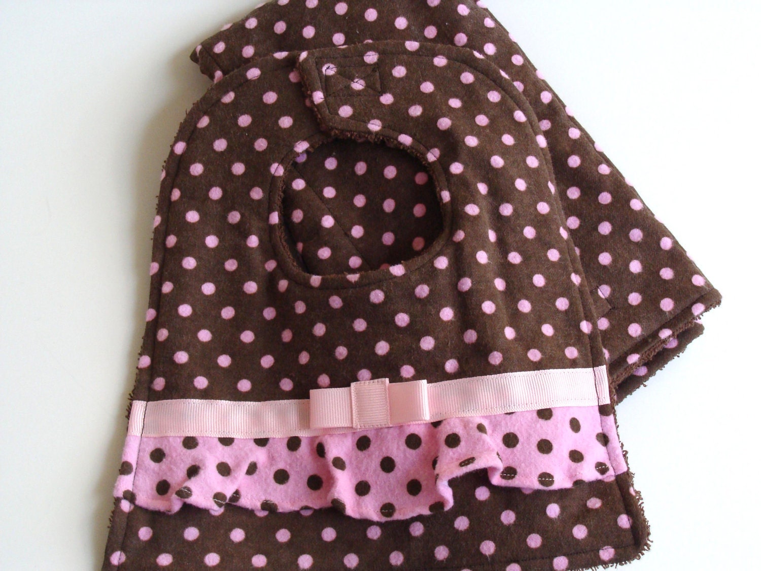 Baby Girl Bib and Burp Cloth Set - Brown & Pink Polkadots w/ sweet ruffle and pink bow - Absorbent Flannel / Terrycloth