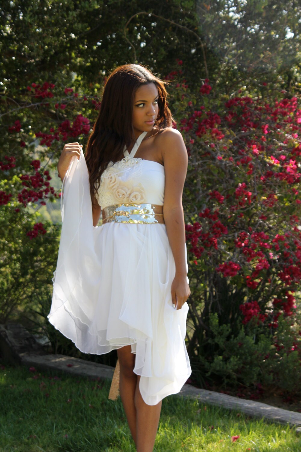Golden Sash and Ivory Floral wedding and Bridesmaid Dress