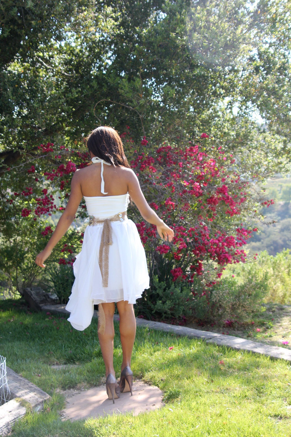 Golden Sash and Ivory Floral wedding and Bridesmaid Dress