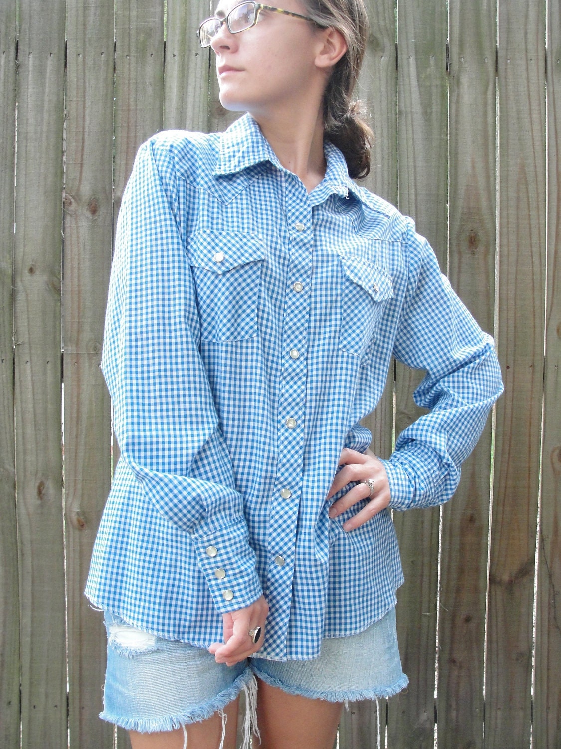 Vintage Women's Wrangler Blouse / Blue Gingham Picnic / 80s Western Shirt