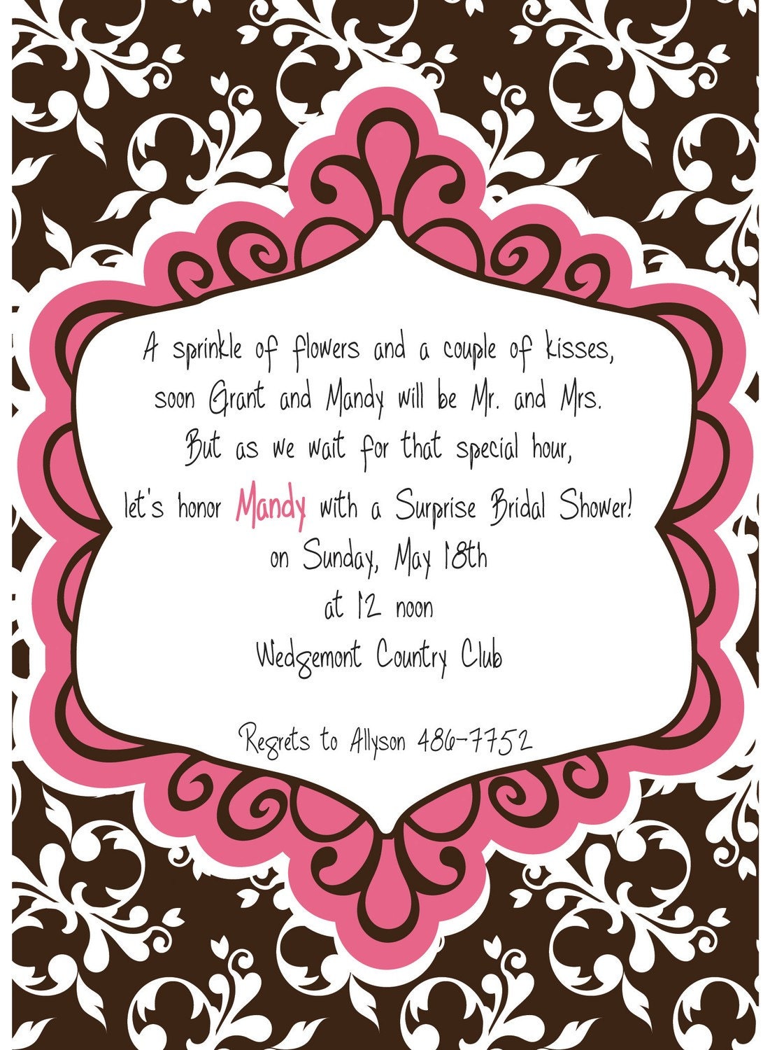 Coral Pink and Brown Damask - Bridal Shower, Bachelorette Party, Birthday Invitation Il_570xn