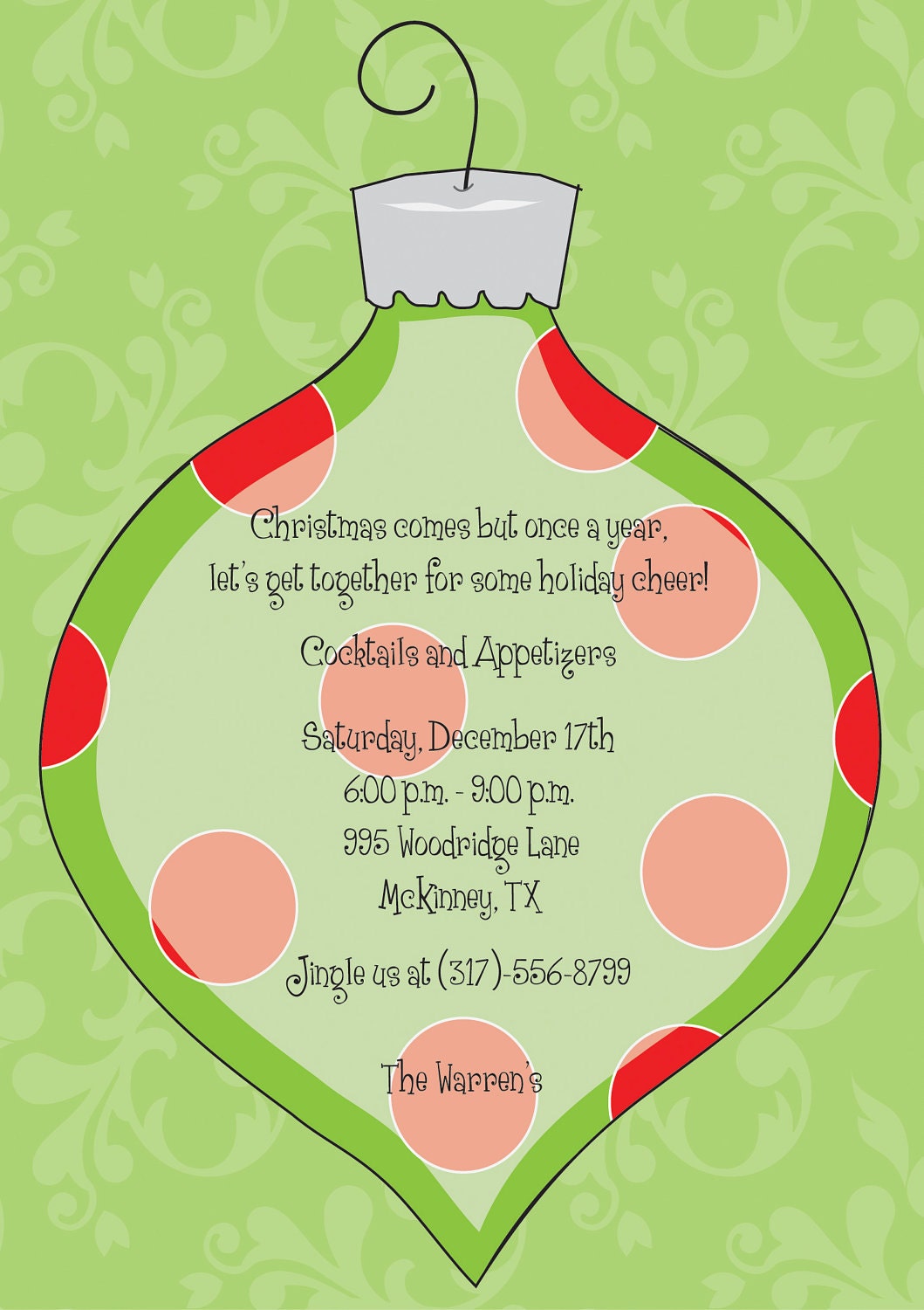 PRINTED Christmas Party Invitation Red and Green Ornament - Holiday Party Invitation Il_570xn