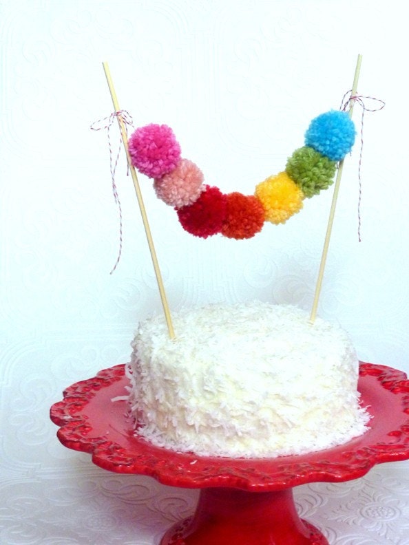 Yarn Pom Cake Garland - Rainbow - cake bunting, garland, cake topper, cupcake pick, birthday party, wedding, kids, baby shower, pom poms