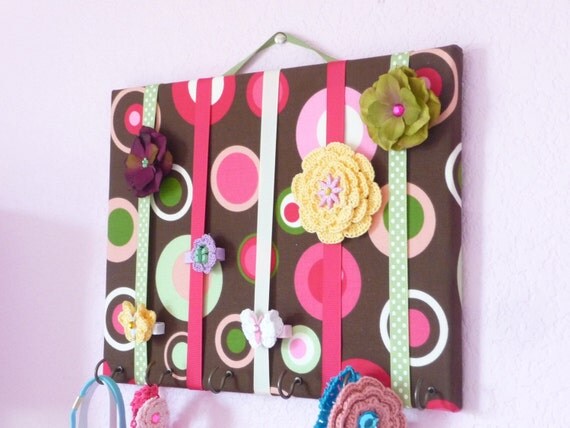 MEDIUM Brown Dots Pink Hair Bow Holder Accessory Organizer Headband Holder