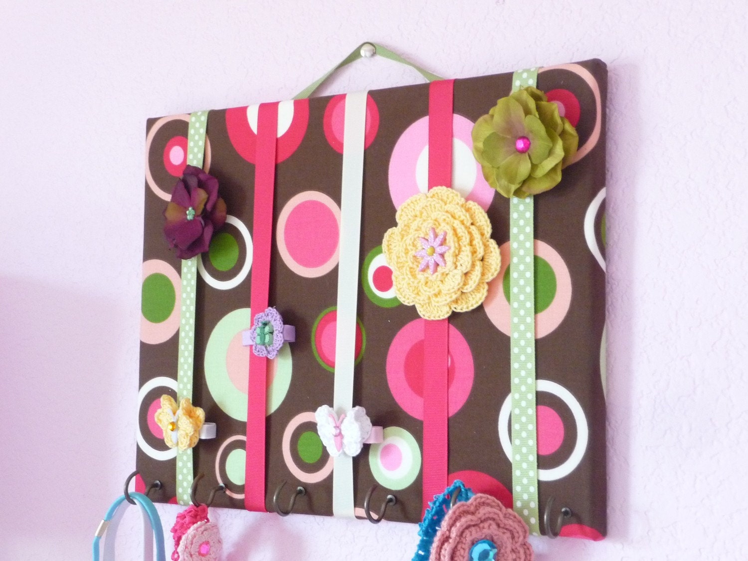 MEDIUM Brown Dots Pink Hair Bow Holder Accessory Organizer Headband Holder