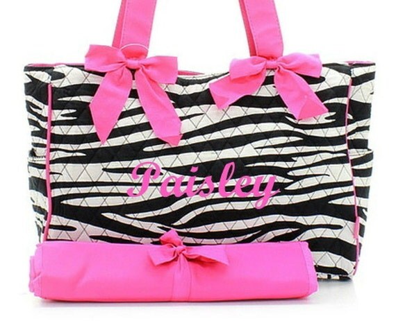 Diaper Bag Personalized Zebra Black Fuchsia Quilted Set