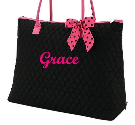 Personalized Quilted Overnight Tote Bag Black Fuchsia
