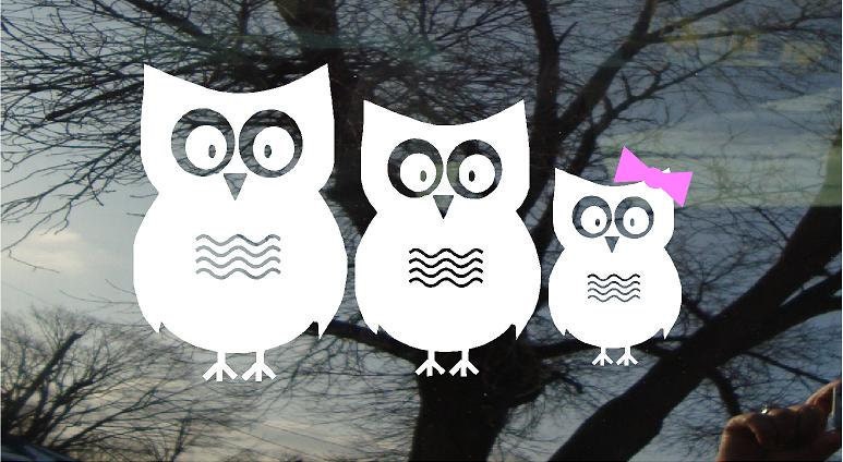 Vinyl Car Window Decal 4h x 9 - Set of 3 owls...PaPa, MaMa, and one little one - cute family FREE Pink Bows for the girls/Blue caps for boys