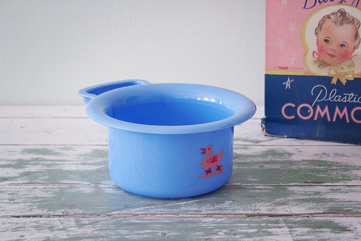Vintage blue potty training pot in its original box