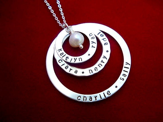 Hand Stamped Sterling Silver Triple Washer Necklace with Kids Names