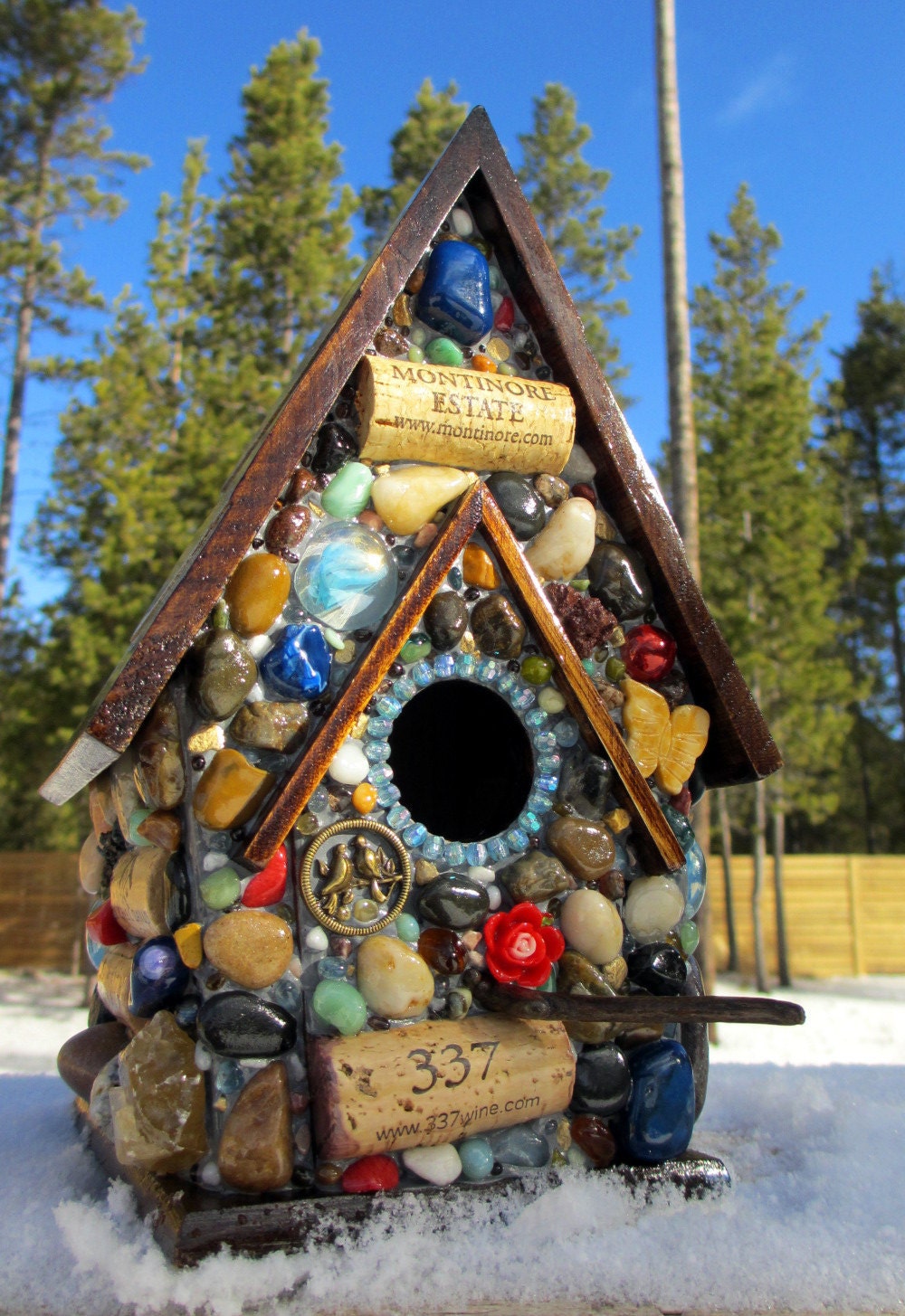 Mosaic Birdhouse with Blue Gem Stones and Wine Corks "337 Montinore Estate"