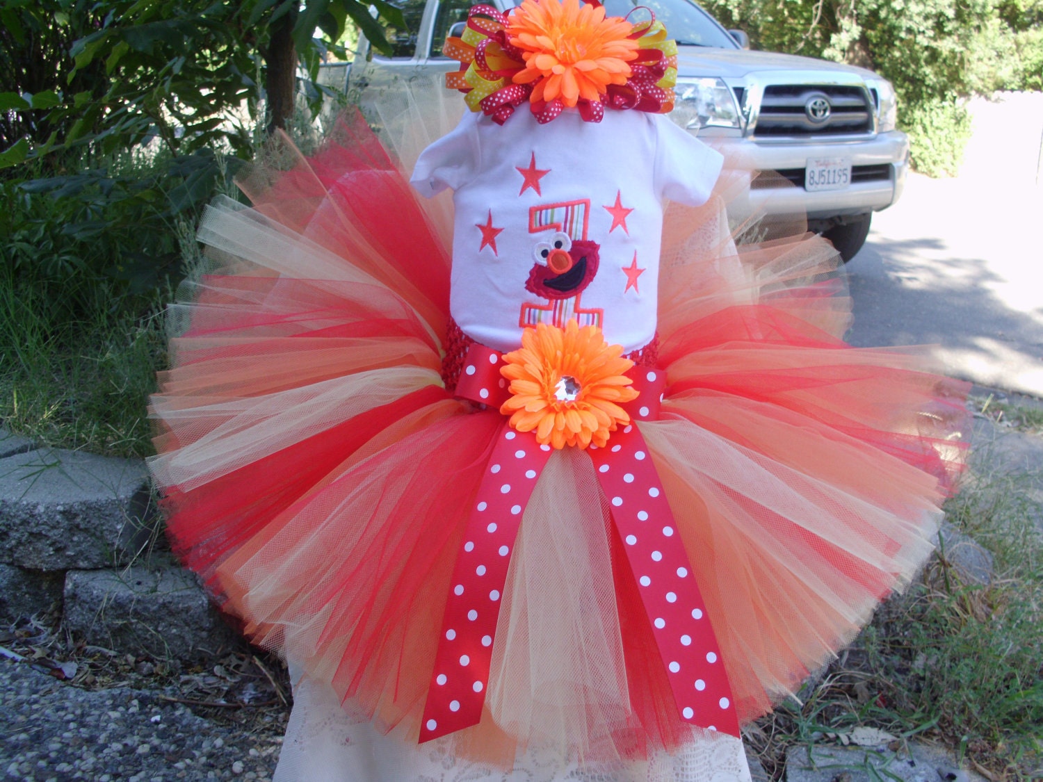 Birthday Tutu Outfit / Set - Elmo Embroidered Birthday Shirt and matching tutu with headband