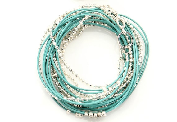 Turquoise and Silver Beads Leather Wrap Bracelet- Necklace