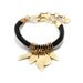 Golden Plated Leaf Charms and rings Threaded on a Black Microfiber Cord