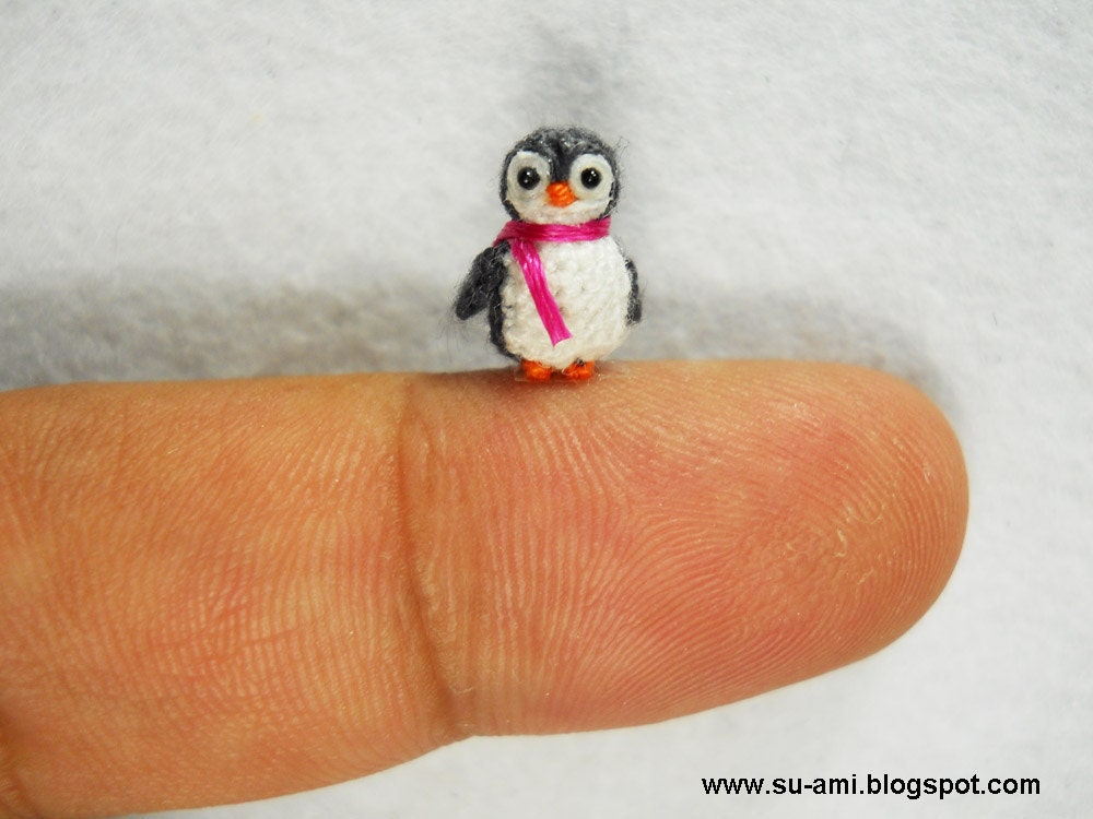 Teeny Tiny Penguin - Dollhouse Miniature Crocheted Bird - Grey Penguin Chick Pink Scarf - Made To Order