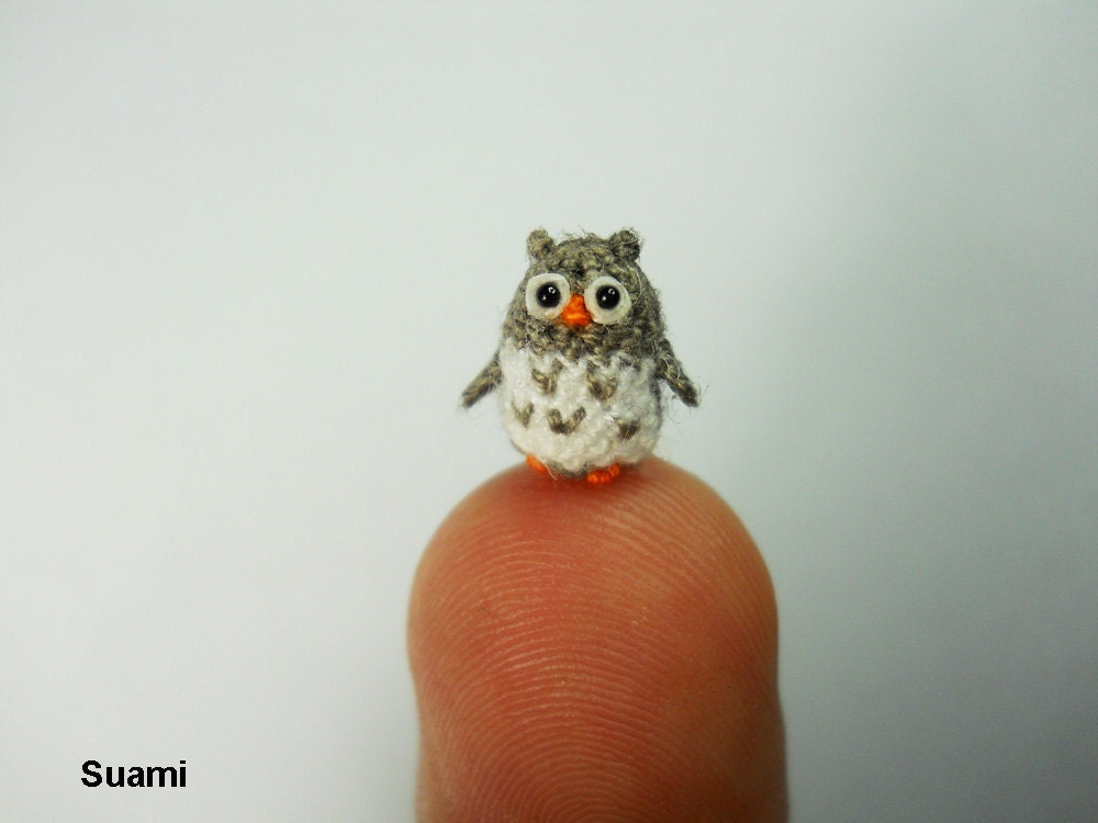 Micro Gray Owl - Mini Tiny Dollhouse Miniature Bird - Made To Order - SuAmi
