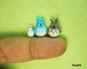 Micro Woodland Totoro and Friends - Mini Tiny Dollhouse Miniature Rabbits - Set of 3 Totoros - Made To Order