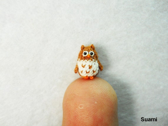 Tiny Brown Owl - Micro Crochet Miniature Bird - Made To Order