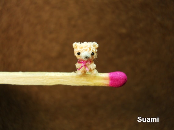 Extreme Micro Bear - Tiniest Dollhouse Miniature Bears - 1/4 Inch Scale Crochet  Cream Bear Pink Bow