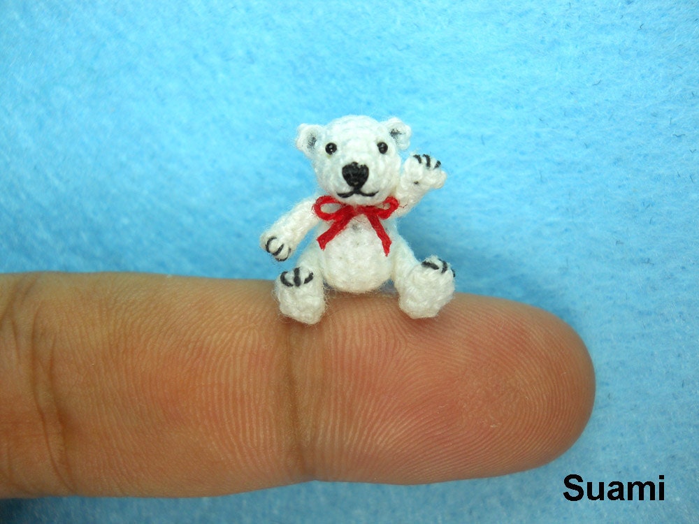 Cute Polar Bear With Pink Bow - Micro Dollhouse Miniature Crochet Maritime Bears - Made To Order