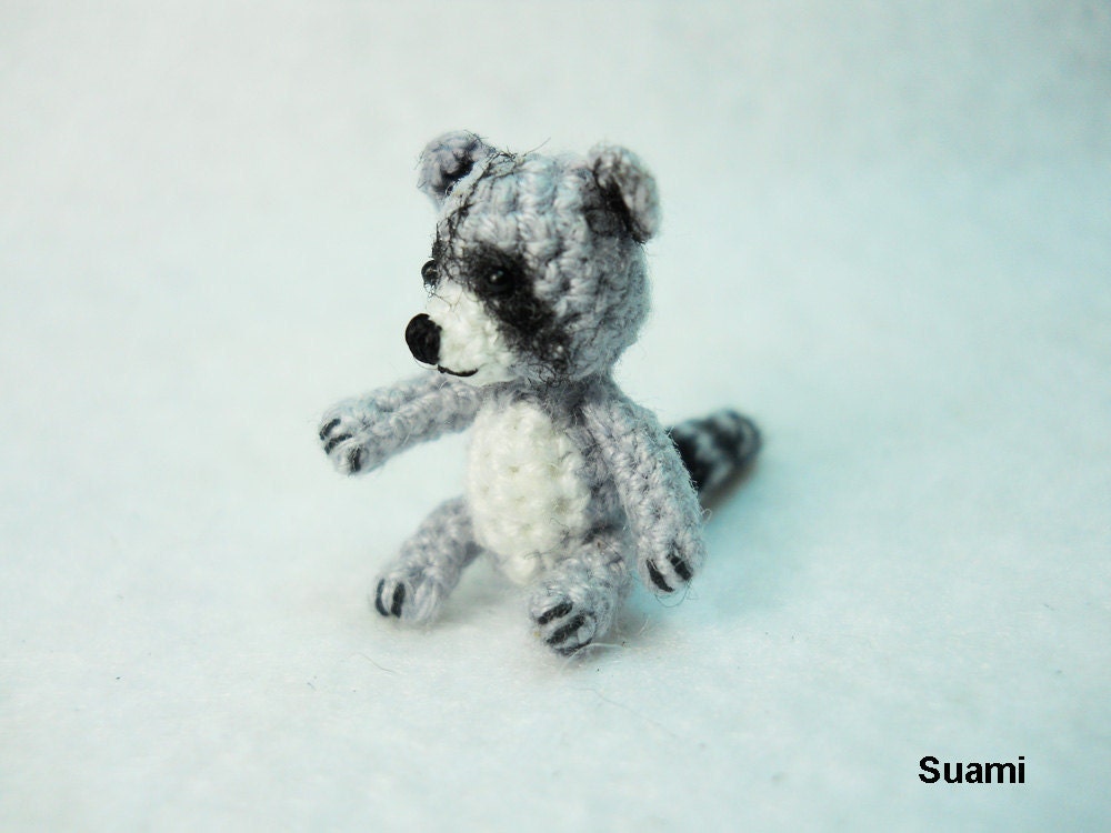 Miniature Gray Raccoon - Micro Crochet Miniature Small Animal - One Inch Scale Light Grey Racoon - Made To Order