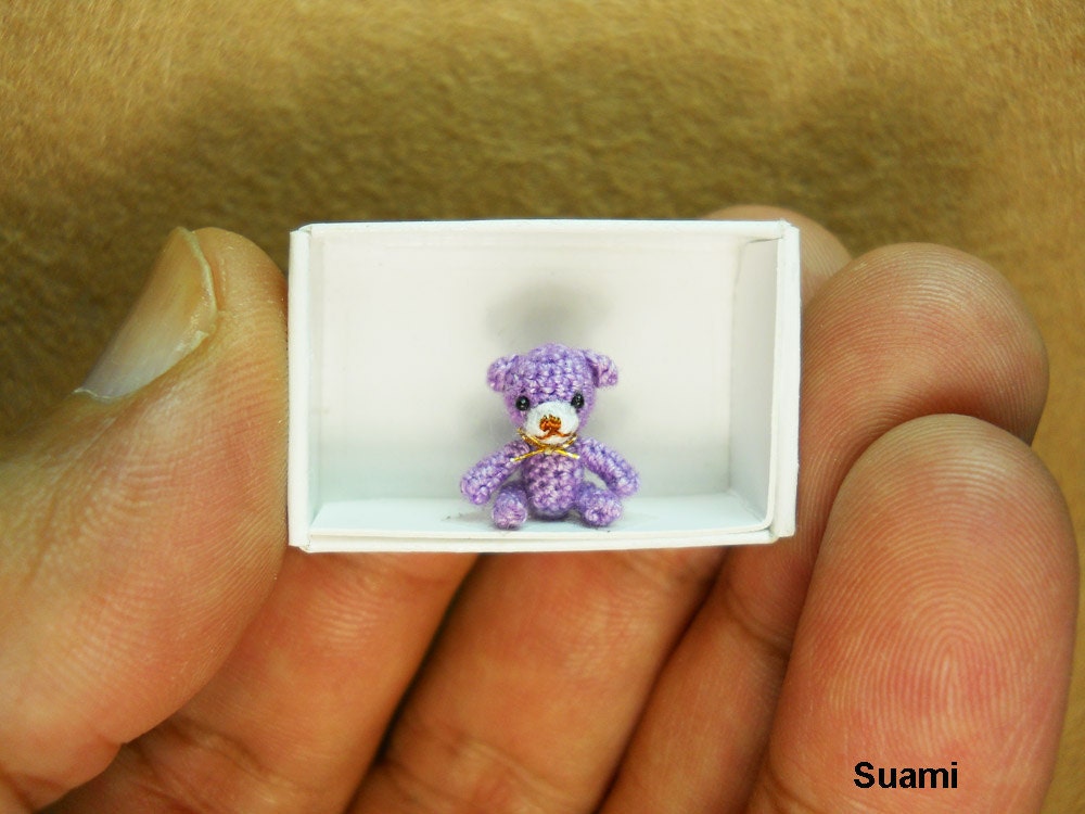 Extreme Micro Bear - Tiny Dollhouse Miniature Animals - 1/2 Inch Scale Crochet Creme Bear Golden Bow