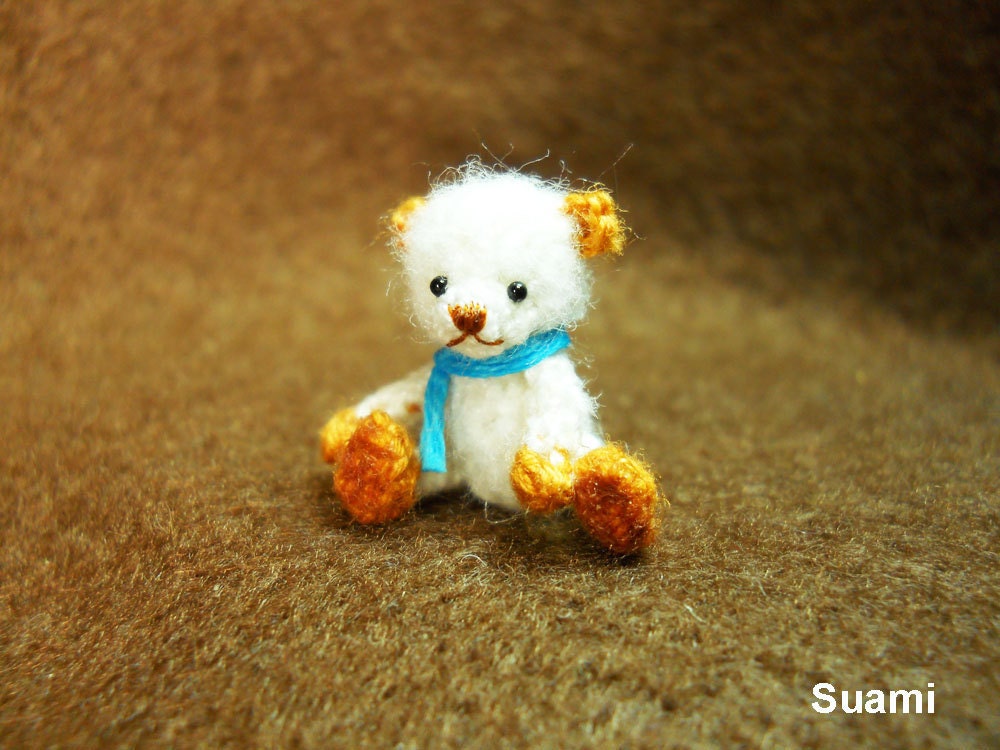 Cute White Bear Blue Bow - Micro Thread Artist Crochet Miniature Mohair Bear - Made To Order