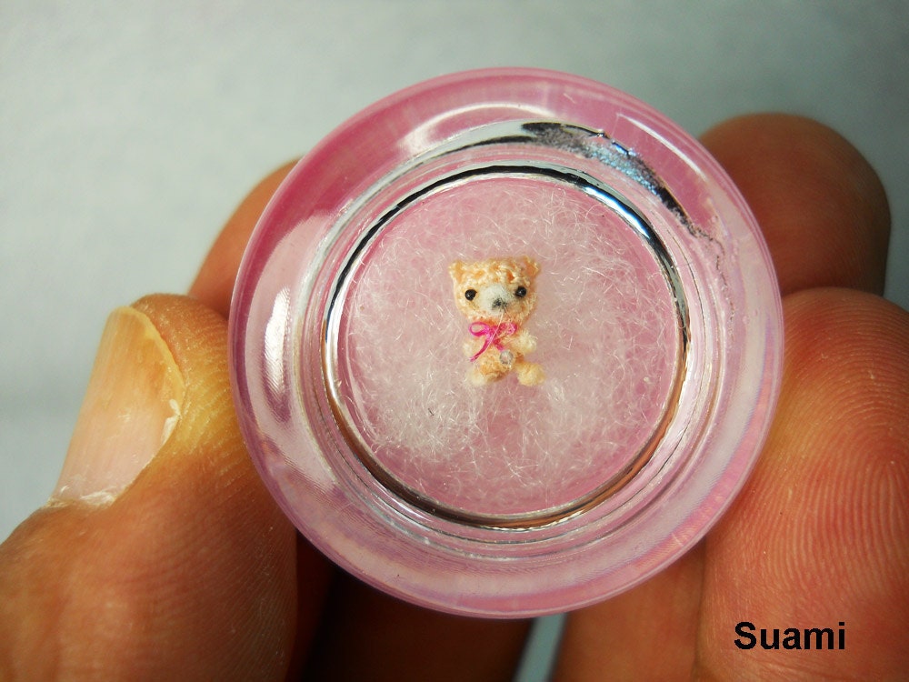 Extreme Micro Bear - Tiniest Dollhouse Miniature Bears - 1/4 Inch Scale Crochet  Cream Bear Pink Bow