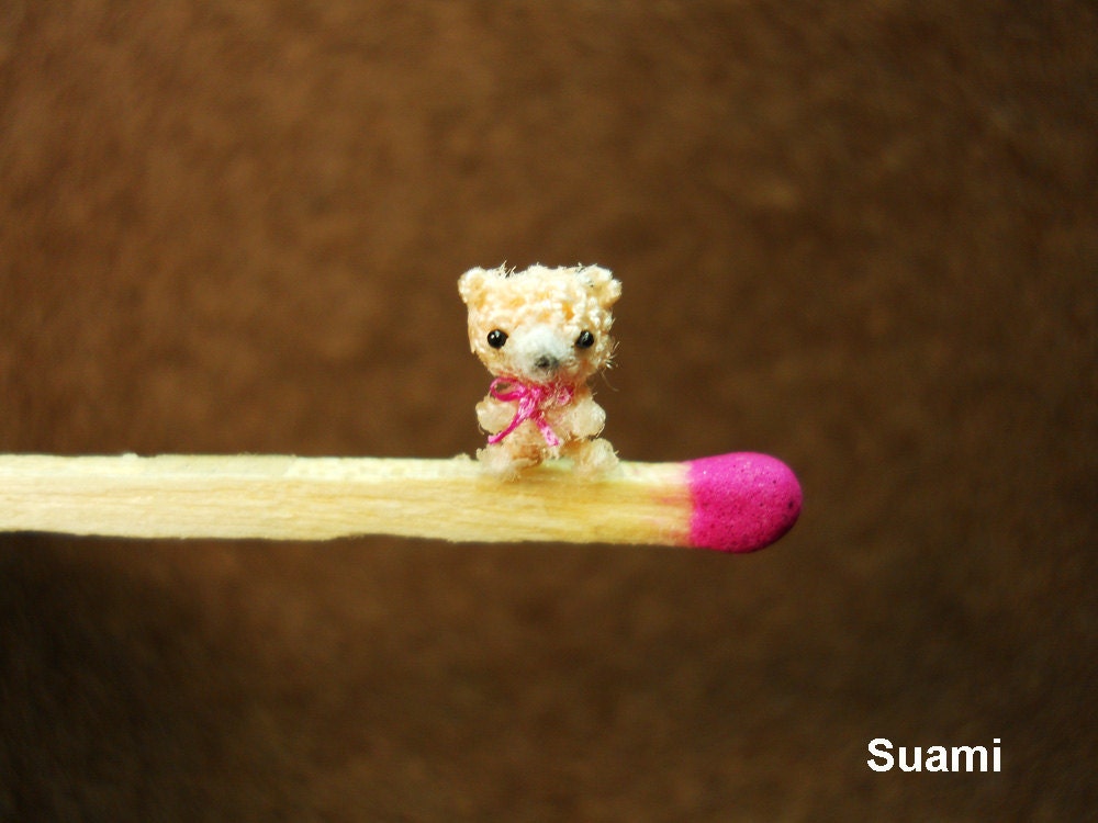 Extreme Micro Bear - Tiniest Dollhouse Miniature Bears - 1/4 Inch Scale Crochet Cream Bear Pink Bow