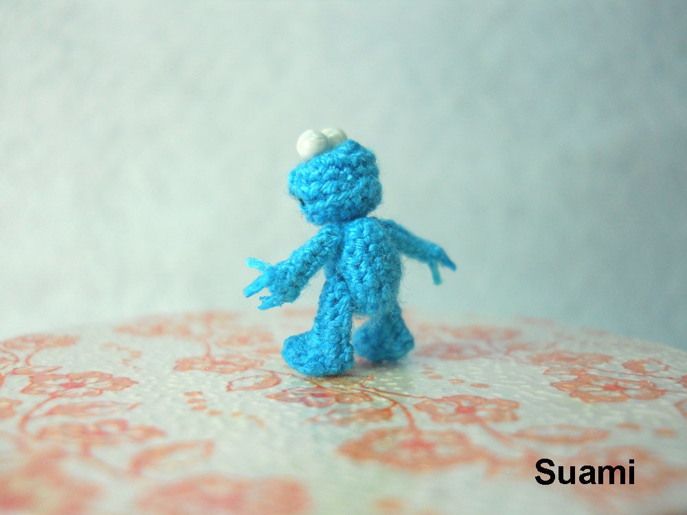 Micro Cookie Monster - Extreme Tiny Crochet Character Blue Monster - Made To Order