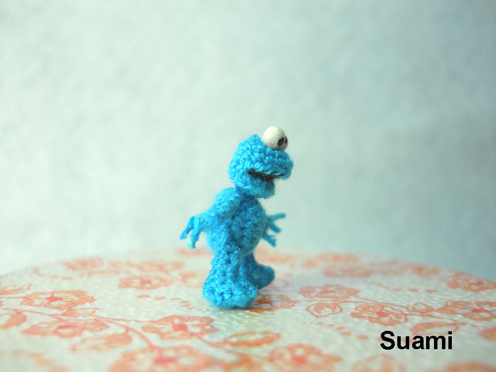 Micro Cookie Monster - Extreme Tiny Crochet Character Blue Monster - Made To Order