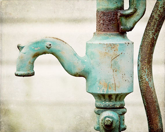 Bathroom Decor Laundry Room Decor Kitchen Decor Cottage Decor Shabby Chic Aqua Mint, Rustic Water Pump Picture for Bath or Kitchen.