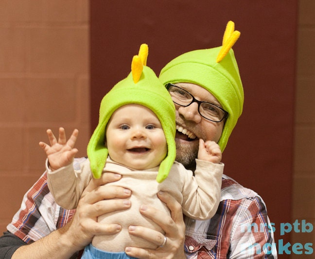 Child or Adult Green and Yellow Dinosaur Fleece Hat with Snap Closure