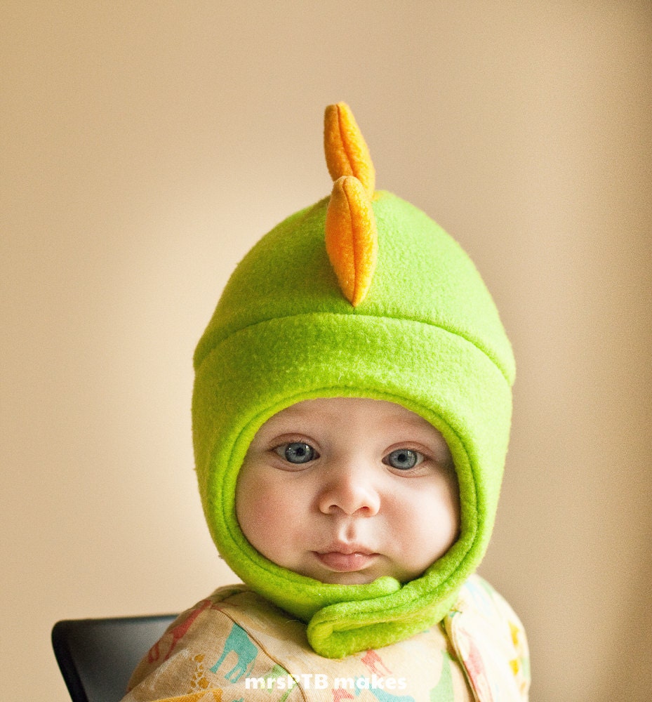 Green and Yellow Dinosaur Fleece Hat with Snap Closure