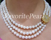 Free Shipping - 17-19 Inches 6-7mm 3-Strand White Color Natural Freshwater Pearl Necklace