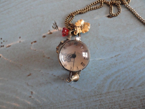 Antique inspired necklace Pocket Watch Pendant with metal flower, Czech glass pearls & Vintage heart locket