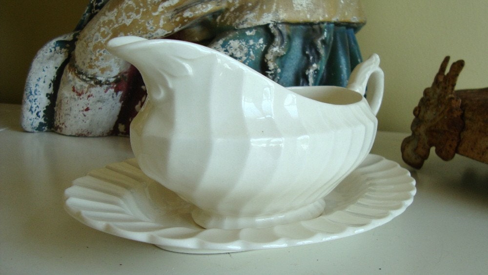 White Ironstone Gravy Boat with Plate, Staffordshire England, Vintage Pitcher