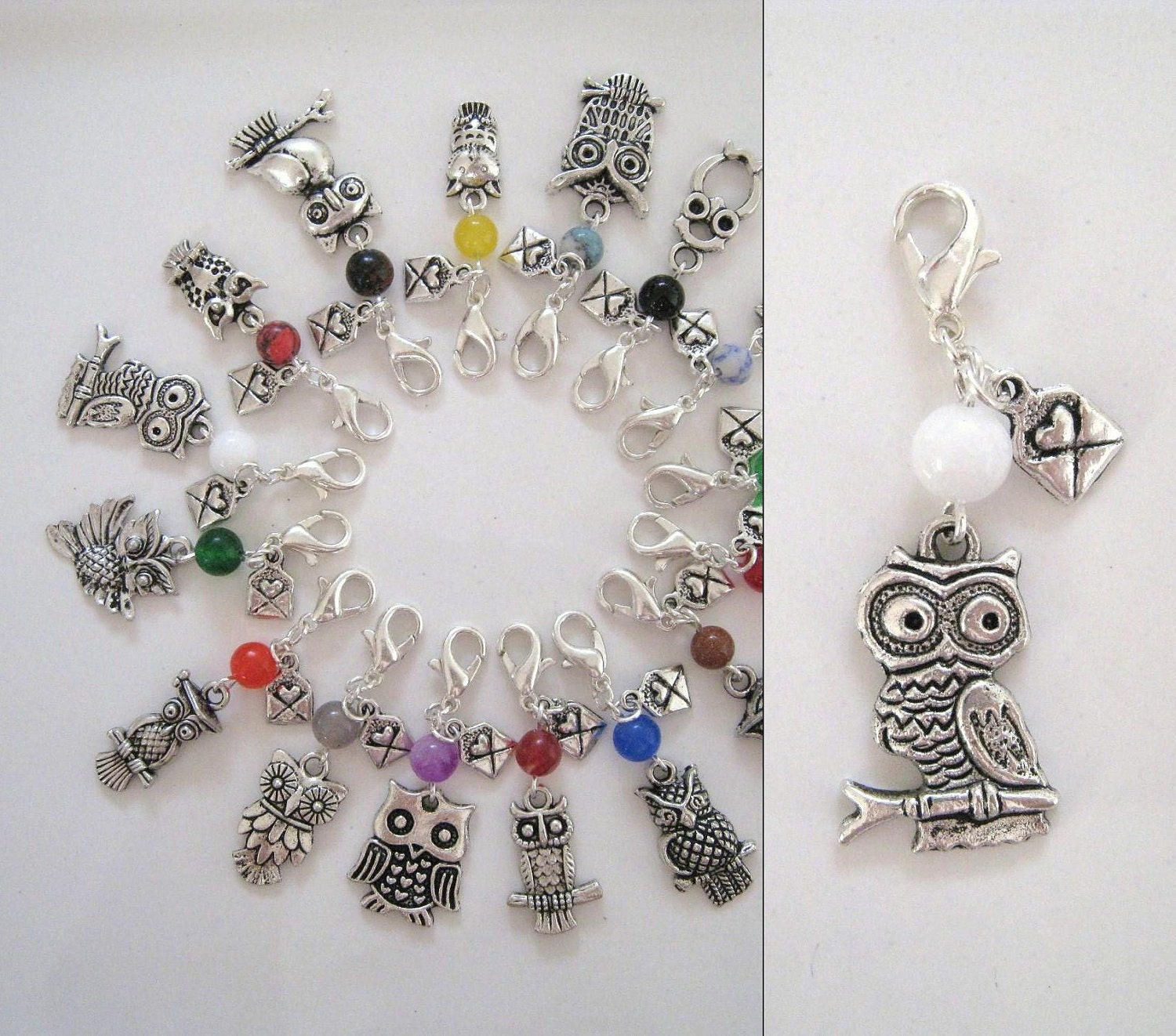 OWL POST dangle charm, zipper pull, key chain - Choose your owl and bead color
