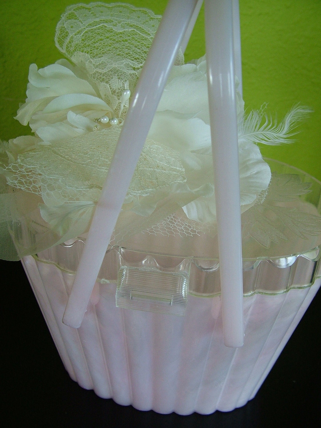 1950s Vintage Lucite Plastic purse evening bag pale pink clear roses