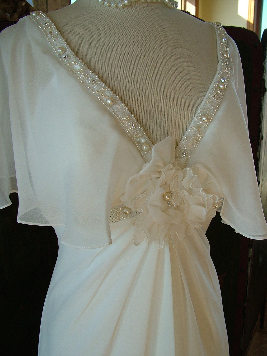 Wedding dress vintage 1930s inspired flutter sleeve silk chiffon empire bridal gown