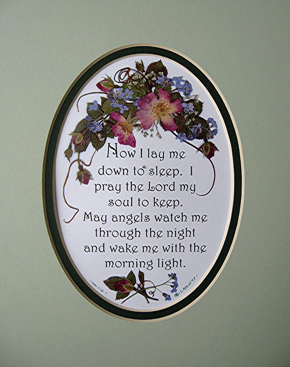 Childrens Prayer BABY GIFT Christian Art  Bedtime Prayer  Pressed Pink Roses and Forget Me Nots  Reproduction in 8 x 10 inch Green Mat