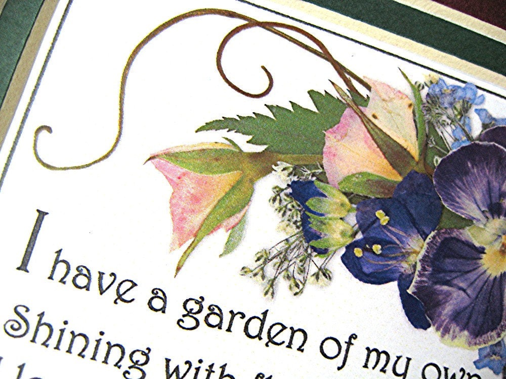 Garden Art Gardeners Gift Garden Verse Purple Pansy  Pink Roses Reproduction 5x7 Burgundy Mat
