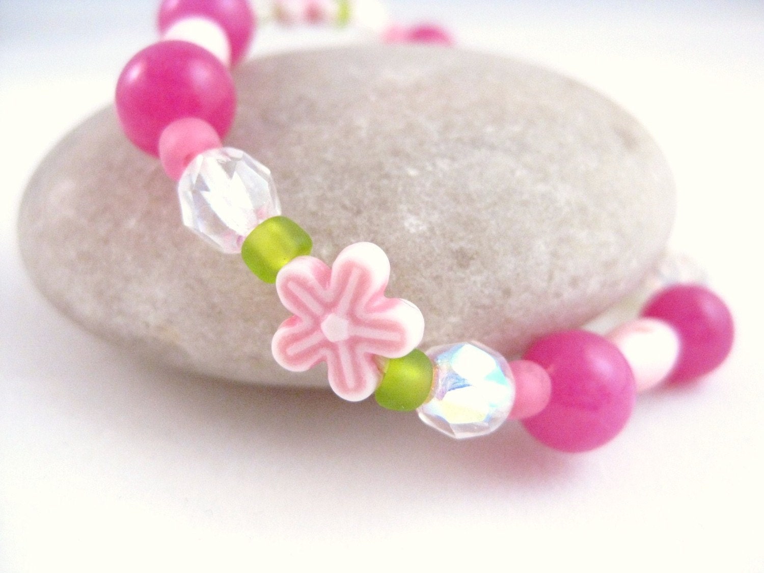Girls Bracelet, Pink Flowers with Green, Large Bracelet, GBL 101