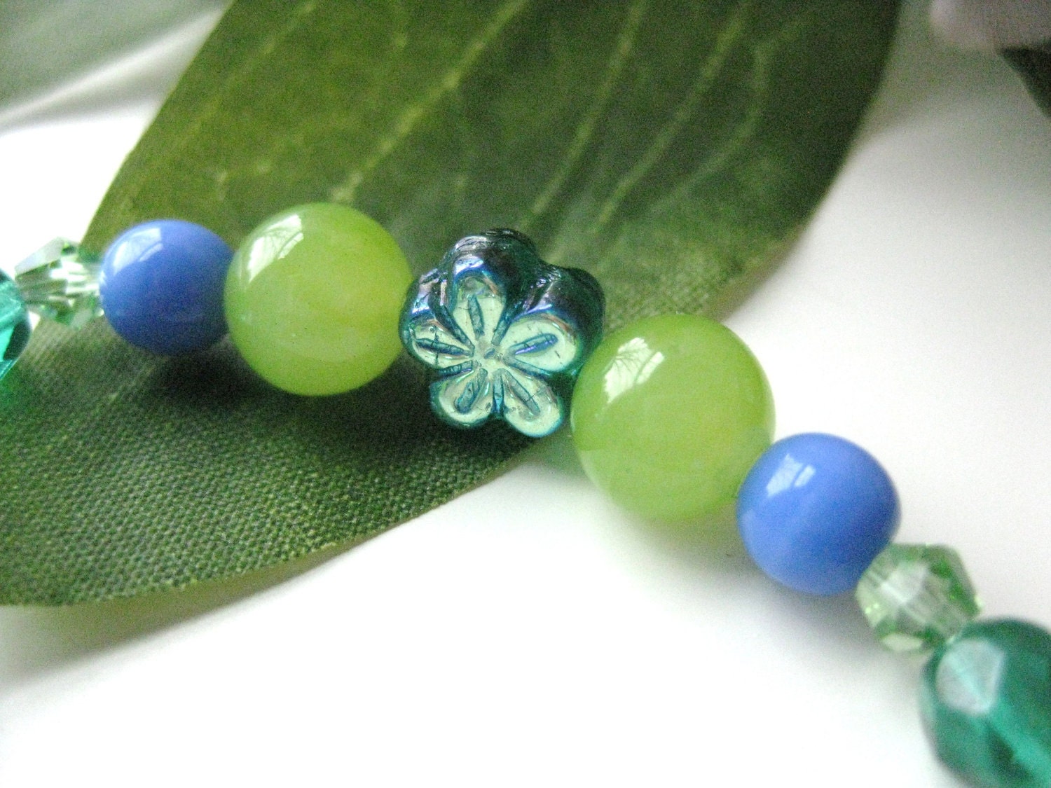 Girls Bracelet Green and Blue with Green Flowers, Stretch Bracelet, Medium, GBM 167