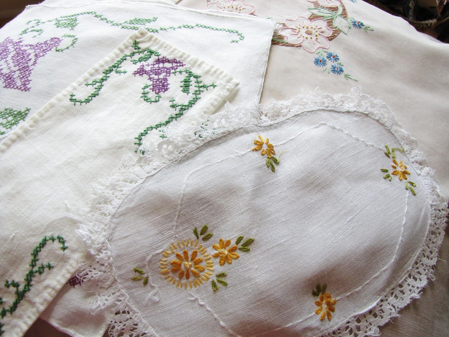 Vintage Embroidered Linens Assortment - Nine Pieces in All