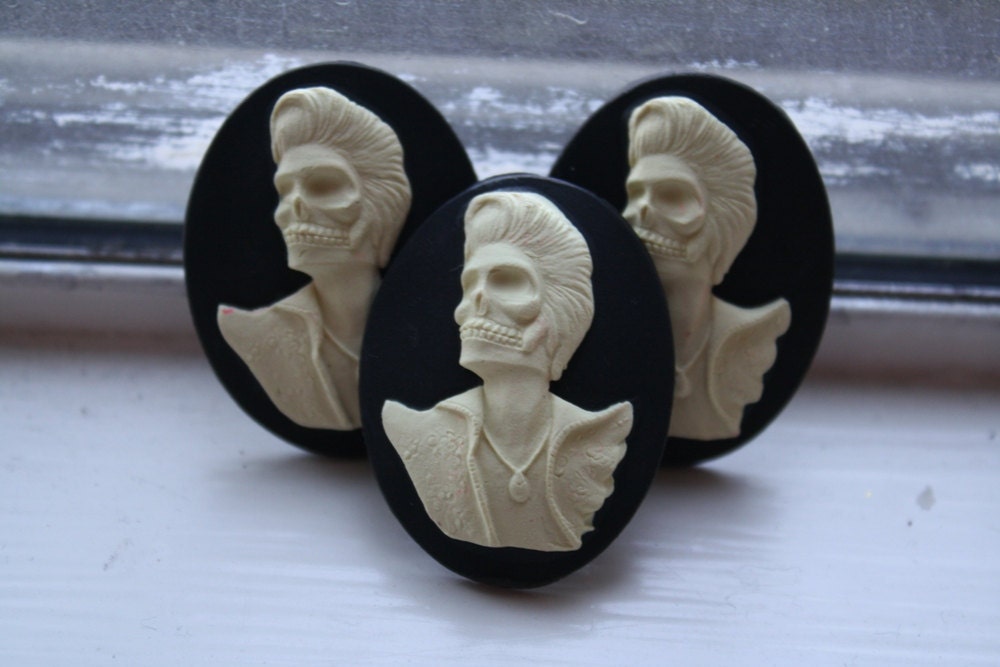 The King Rockabilly Skeleton Elvis Ivory/Black 40mm x 30mm Loose Polymer Clay Cameos- Set of Three